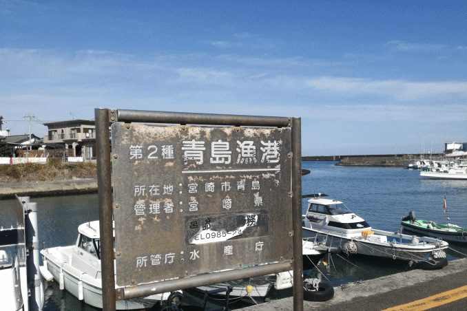 青島漁港と書かれた看板の目の前です